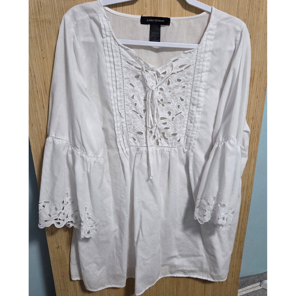 Ashley Stewart White Eyelet Lace Up Peasant Blouse Bell Sleeve Boho Top 1X